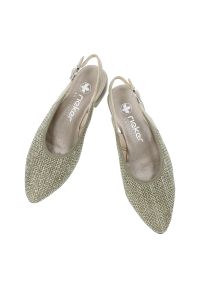 Czółenka damskie Rieker, cholewka z materiału tekstylnego pasek wokół pięty z regulacją na klamrę, zielone, 47060-52. Zapięcie: klamry. Kolor: zielony. Materiał: materiał. Szerokość cholewki: normalna #4