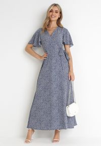 Born2be - Granatowa Sukienka Theminophe. Okazja: na co dzień. Kolor: niebieski. Materiał: wiskoza, materiał, tkanina. Wzór: kropki. Typ sukienki: rozkloszowane, kopertowe, proste. Styl: casual. Długość: maxi #3