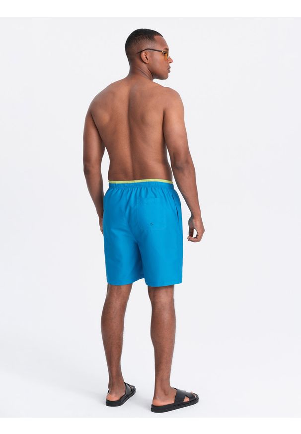 Ombre Clothing - Spodenki męskie kąpielówki z dwukolorowym ściągaczem – niebieskie V6. Okazja: na plażę. Kolor: niebieski. Materiał: poliester, materiał. Wzór: haft, jednolity. Sezon: lato