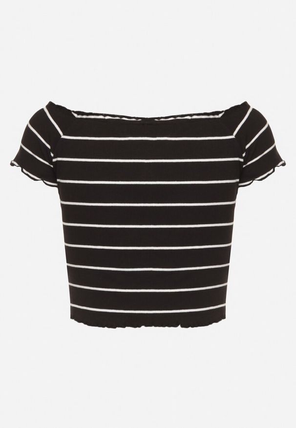 Born2be - Czarny Top z Bawełny Typu Hiszpanka w Paski Lireena. Okazja: na co dzień. Typ kołnierza: dekolt hiszpanka. Kolor: czarny. Materiał: bawełna. Wzór: paski. Sezon: wiosna. Styl: klasyczny, casual