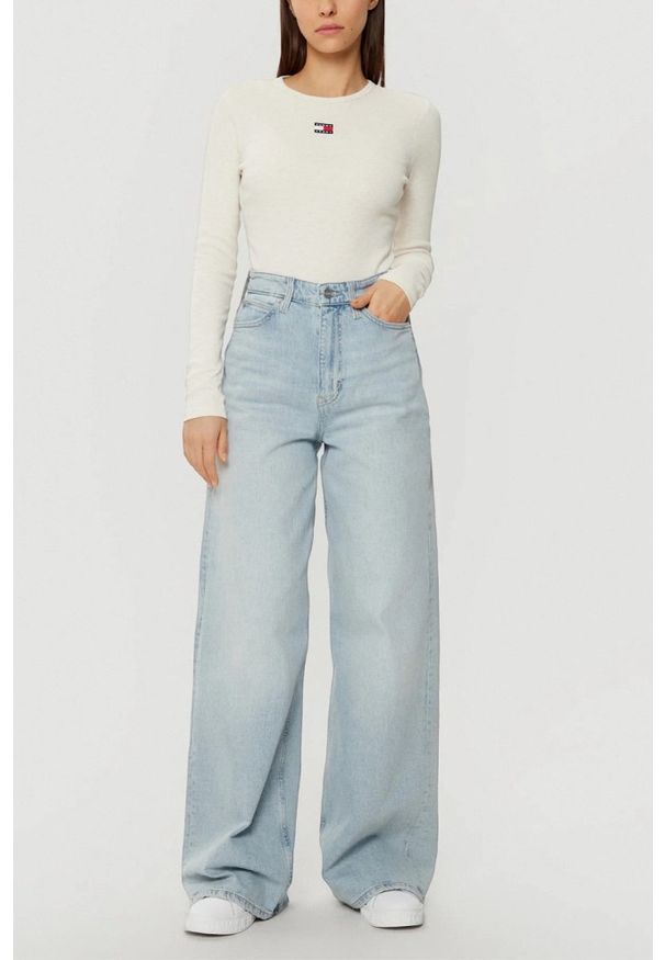 Tommy Jeans - TOMMY JEANS Beżowy damski longsleeve, Rozmiar S. Kolor: beżowy. Długość rękawa: długi rękaw