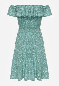 Renee - Zielona Kwiecista Sukienka Hiszpanka z Bawełny z Gumką w Pasie Nevima. Okazja: na co dzień. Typ kołnierza: dekolt hiszpanka. Kolor: zielony. Materiał: bawełna. Sezon: lato. Styl: casual. Długość: mini #6