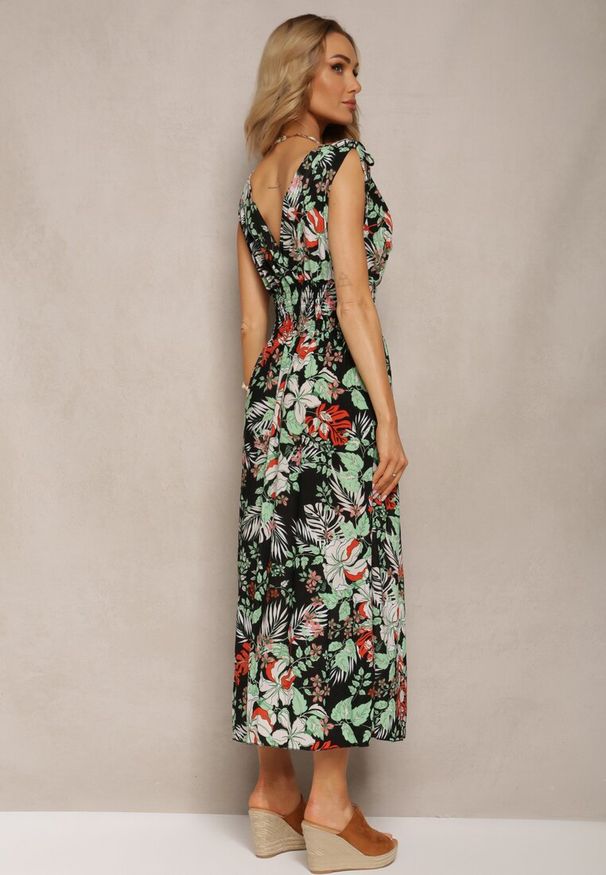 Renee - Czarno-Zielona Kwiecista Sukienka z Gumką w Talii i Trójkątnym Dekoltem Vialessia. Okazja: na randkę, na co dzień. Kolor: czarny. Styl: elegancki, casual