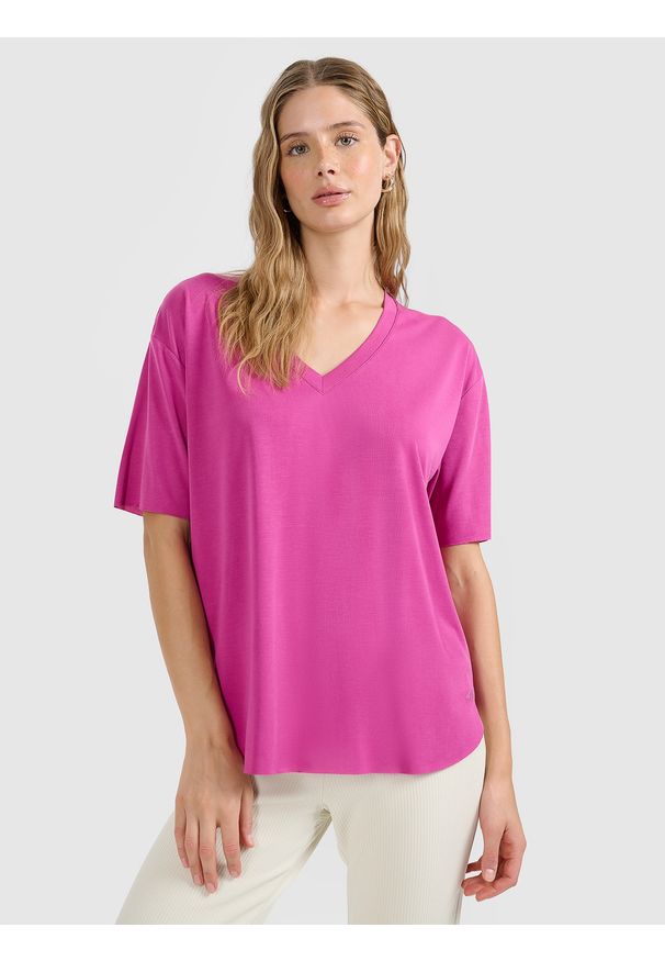 4f - 4F T-shirt oversize z modalem damski - różowy XS. Okazja: na co dzień. Kolor: różowy. Styl: casual