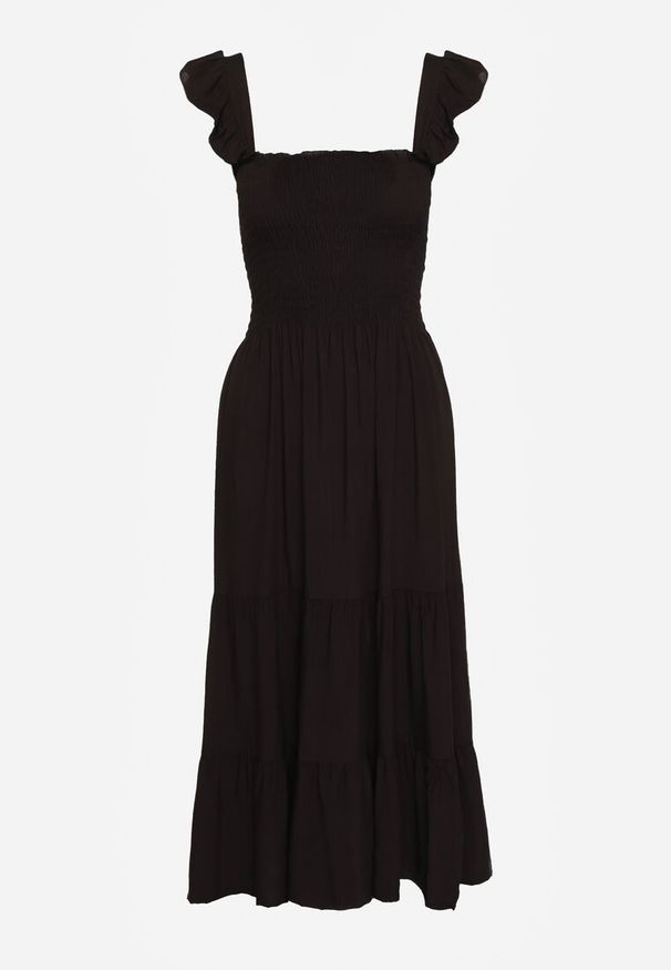 Renee - Czarna Sukienka z Bawełny na Ramiączkach Ozdobiona Falbanami i Gumkami Mevalys. Okazja: na co dzień. Kolor: czarny. Materiał: bawełna. Długość rękawa: na ramiączkach. Wzór: aplikacja. Typ sukienki: rozkloszowane. Styl: elegancki, casual