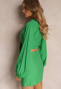 Renee - Zielony 2-częściowy Komplet Casual z Bluzką i Spódnicą Mini Udekorowanych Wiązaniem Beasia. Kolor: zielony #4