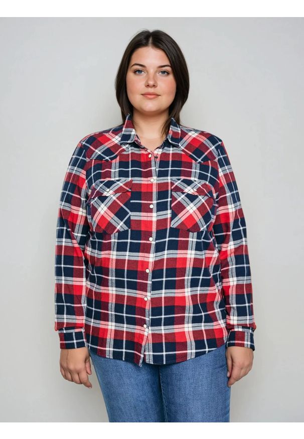 Big-Star - Koszula damska flanelowa z kratę czerwono-granatowa Hiri 603. Okazja: na co dzień. Kolor: czerwony. Wzór: kratka. Styl: casual, elegancki