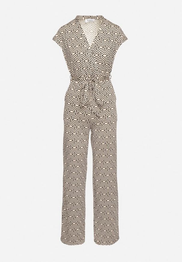 Born2be - Beżowo-Czarny Kombinezon z Wiskozą Wiązany w Pasie Sosofia. Okazja: na spacer, na co dzień. Kolor: beżowy. Materiał: wiskoza. Styl: elegancki, casual