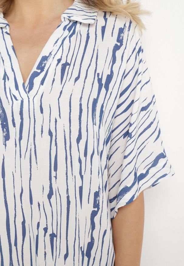 Born2be - Biała Sukienka z Bawełny i Lnu z Kołnierzykiem Bumstolia. Okazja: na co dzień. Typ kołnierza: dekolt w kształcie V. Kolekcja: plus size. Kolor: biały. Materiał: bawełna, len. Typ sukienki: proste, dla puszystych. Styl: casual