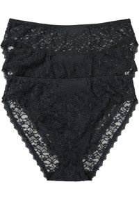 bonprix - Figi z wysokim stanem, z koronki z recyklingu z głębokim wycięciem nogawek (3 pary). Stan: podwyższony. Kolor: czarny. Materiał: koronka. Wzór: koronka #1