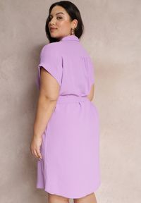 Renee - Fioletowa Sukienka Koszulowa Wiązana w Pasie z Krótkimi Rękawami Wellwood. Kolekcja: plus size. Kolor: fioletowy. Materiał: tkanina. Długość rękawa: krótki rękaw. Wzór: gładki. Sezon: lato, wiosna. Typ sukienki: koszulowe. Długość: midi #3