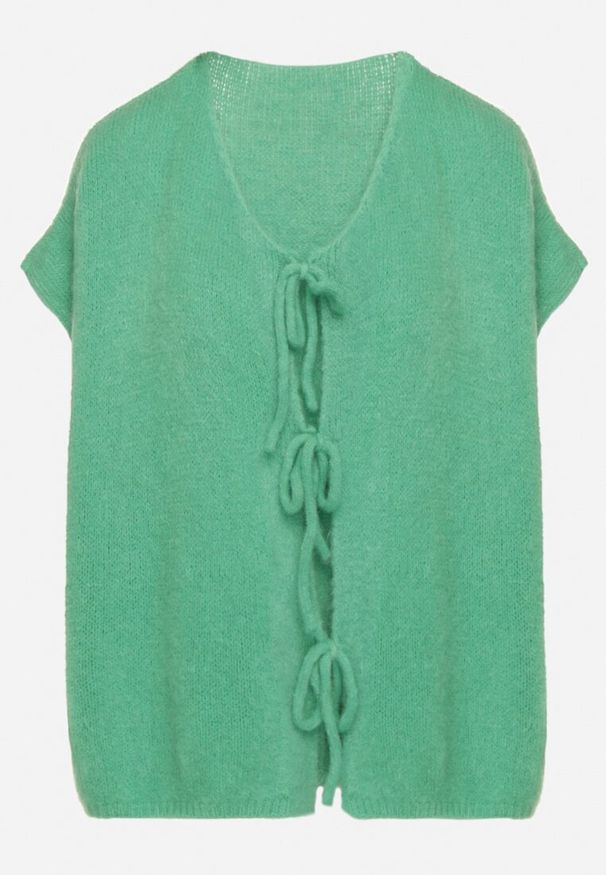 Born2be - Zielona Kamizelka Narzutka z Moherem Wiązana z Przodu Vikilana. Okazja: na co dzień. Kolor: zielony. Materiał: moher. Wzór: aplikacja. Styl: casual, elegancki