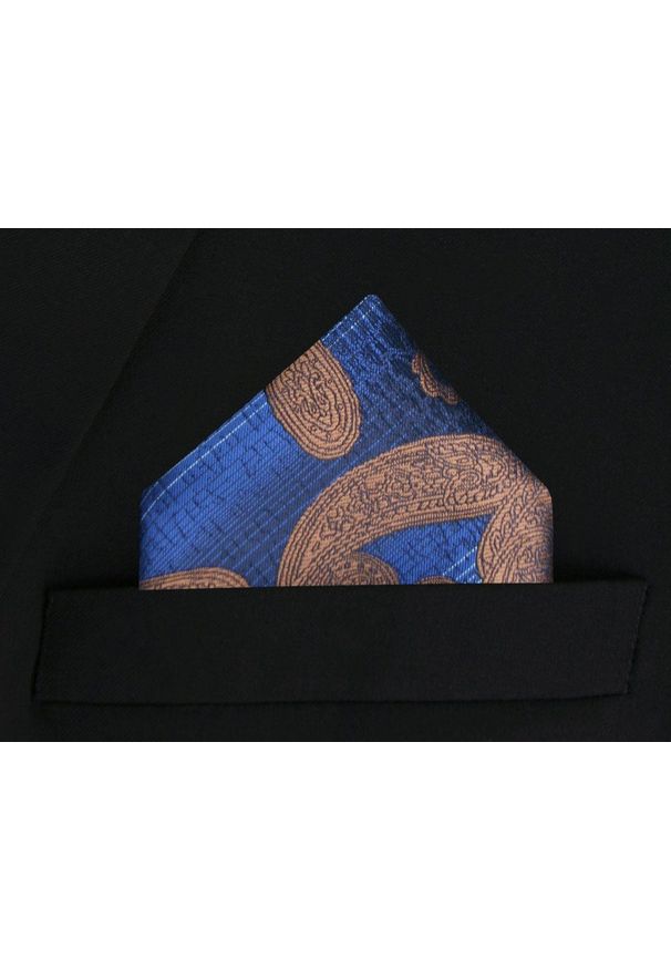 Poszetka Męska, Elegancka - Alties - Beżowe Duże Paisley, Niebieskie Tło. Kolor: wielokolorowy, beżowy, niebieski, brązowy. Materiał: poliester. Wzór: paisley