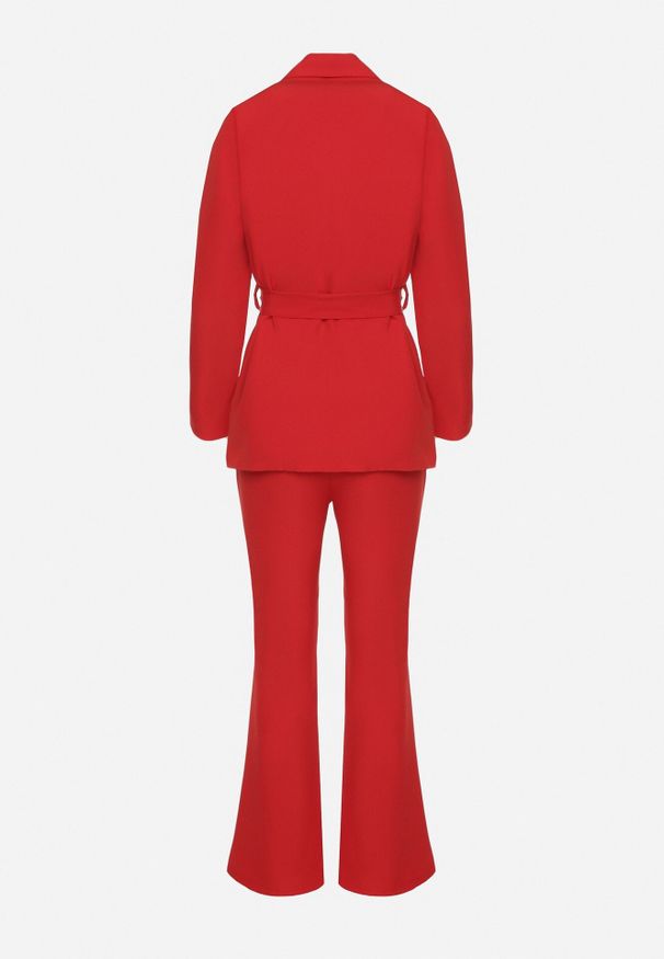 Born2be - Czerwony Komplet Garniturowy Marynarka z Wiązanym Paskiem i Spodnie Falloria. Kolor: czerwony