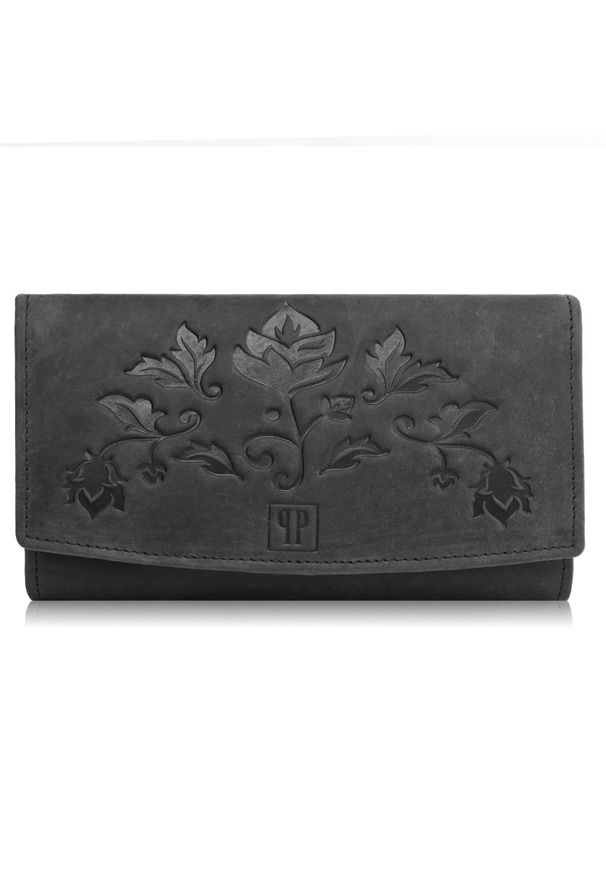 PAOLO PERUZZI - Portfel damski skórzany Paolo Peruzzi czarny T-01. Kolor: czarny. Wzór: kwiaty