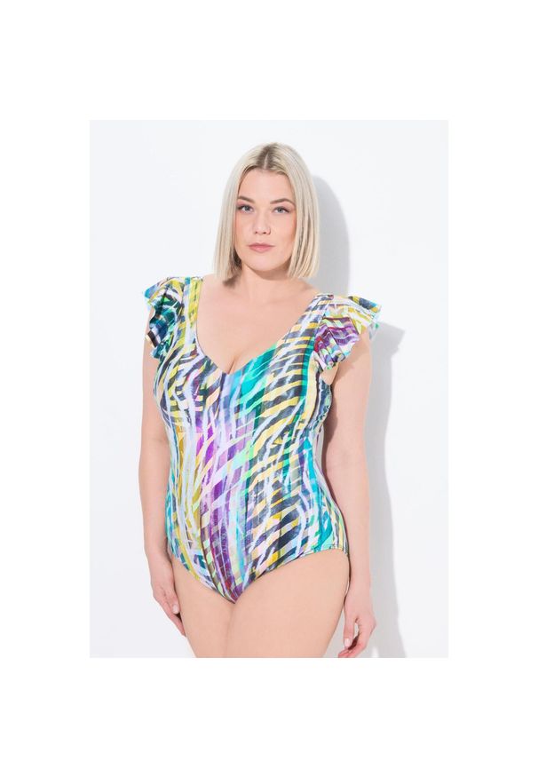 ULLA POPKEN - Damski Kostium kąpielowy zwierzęce paski miękkie miseczki falbana z ramiączkach. Kolekcja: plus size. Kolor: brązowy. Materiał: poliamid, materiał, elastan. Wzór: paski, motyw zwierzęcy