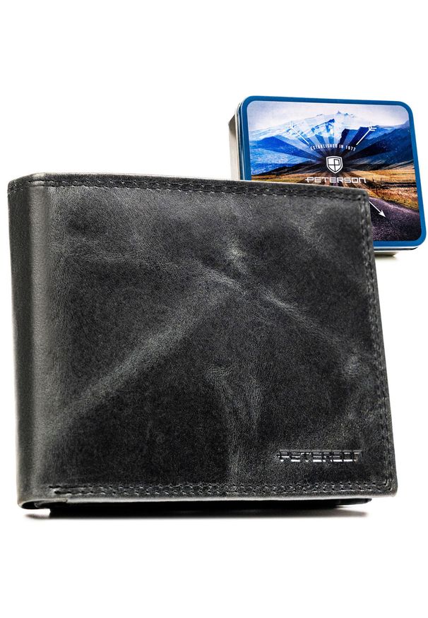 Duży, skórzany portfel męski w czarnym kolorze wyposażony w system RFID - Peterson. Kolor: czarny. Materiał: skóra