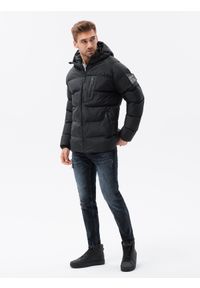 Ombre Clothing - Pikowana mocno ocieplana kurtka męska z raglanowym rękawem – czarna V4 - Rozmiar: S. Typ kołnierza: kołnierzyk stójkowy. Kolor: czarny. Materiał: guma, syntetyk, poliester, materiał. Długość rękawa: raglanowy rękaw. Wzór: aplikacja, jednolity #4