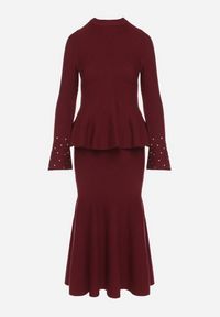 Born2be - Bordowy Dzianinowy Komplet z Wiskozą Spódnica i Sweter z Baskinką i Cyrkoniami Neora. Kolor: czerwony. Materiał: dzianina, wiskoza #7