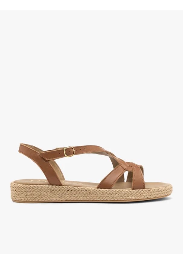 Ryłko - Jasnobrązowe sandały damskie na sznurkowym spodzie. Zapięcie: pasek. Kolor: brązowy. Materiał: skóra. Sezon: lato. Styl: street, klasyczny, wakacyjny