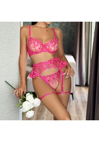 Intica - Zestaw bielizny koronkowej czteroczęściowy z pasem do pończoch Ughetta. Kolor: różowy. Materiał: koronka. Wzór: aplikacja, koronka #3