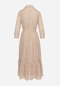 Born2be - Beżowa Bawełniana Sukienka Ażurowa o Koszulowym Kroju Elowetia. Okazja: na imprezę. Kolor: beżowy. Materiał: bawełna. Długość rękawa: długi rękaw. Wzór: ażurowy. Typ sukienki: koszulowe. Styl: boho, elegancki #4