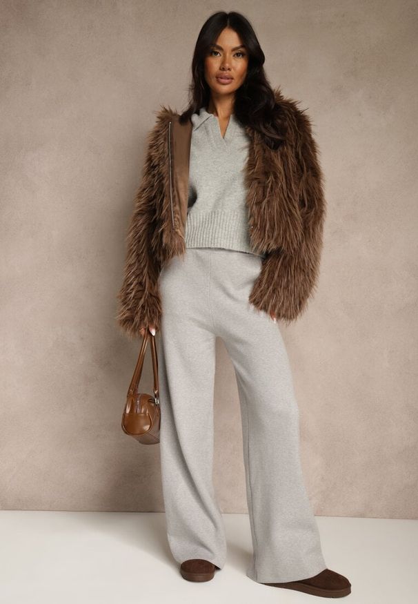 Renee - Szare Szerokie Spodnie Dzianinowe Ozdobione Sznurkami Meretusa. Okazja: na co dzień, do pracy, na spotkanie biznesowe. Stan: podwyższony. Kolor: szary. Materiał: dzianina. Wzór: aplikacja. Styl: biznesowy, klasyczny, casual