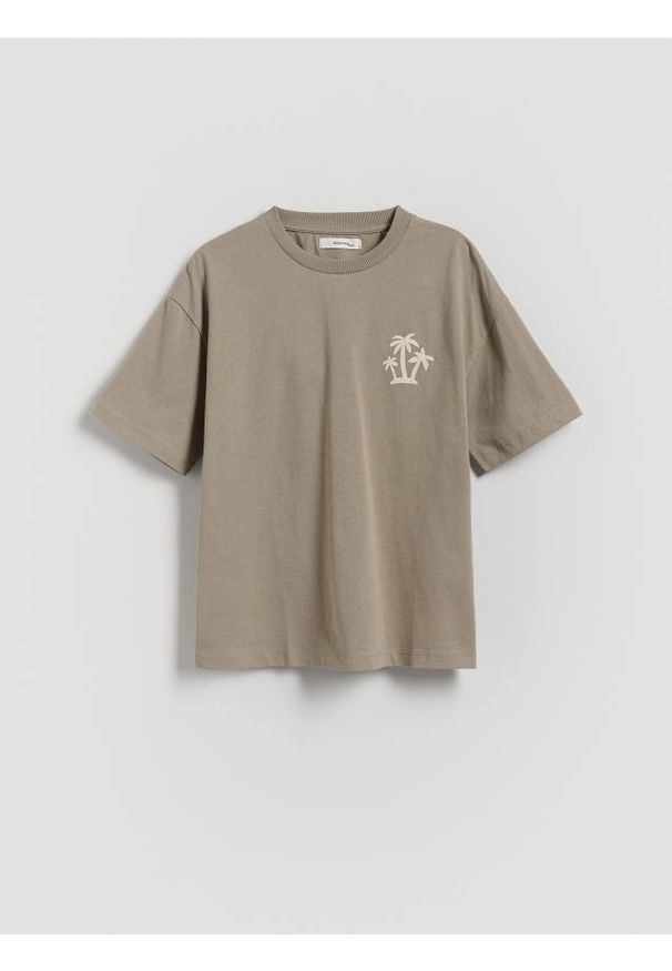 Reserved - Bawełniany t-shirt z nadrukiem - beżowy. Kolor: beżowy. Materiał: bawełna. Wzór: nadruk