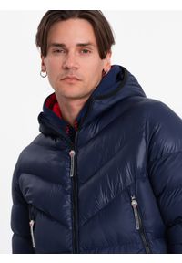 Ombre Clothing - Nowoczesna pikowana męska kurtka z łączonych materiałów – granatowa V2 - Rozmiar: XXL. Typ kołnierza: kołnierzyk stójkowy. Kolor: niebieski. Materiał: materiał. Długość: długie #4