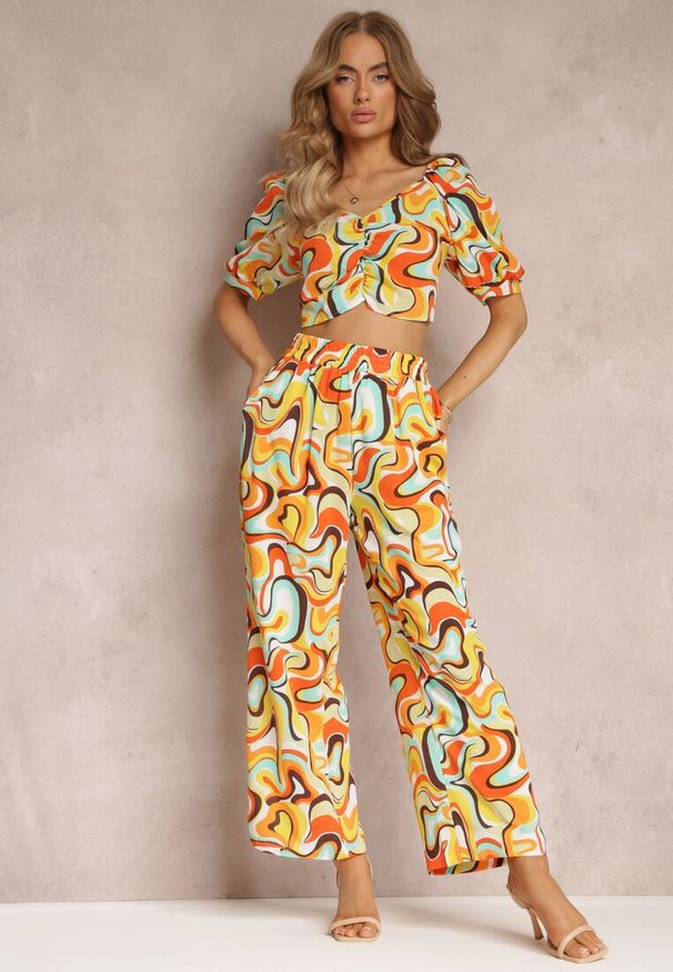 Renee - Żółty 2-częściowy Komplet Top z Marszczeniami i Szerokie Spodnie Alesi. Kolor: żółty