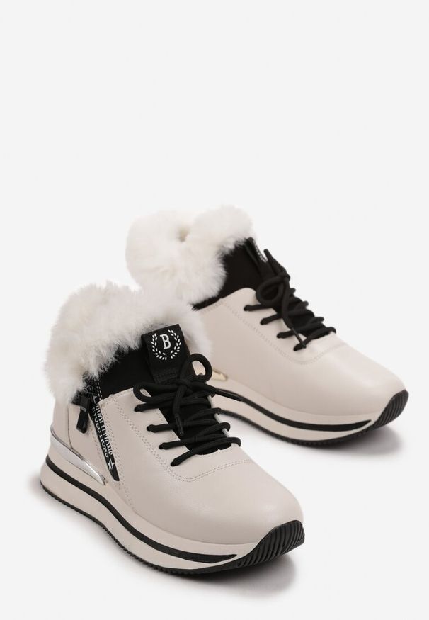 Born2be - Beżowe Botki Sneakersy na Grubej Podeszwie z Futerkiem Biqilee. Kolor: beżowy. Materiał: futro