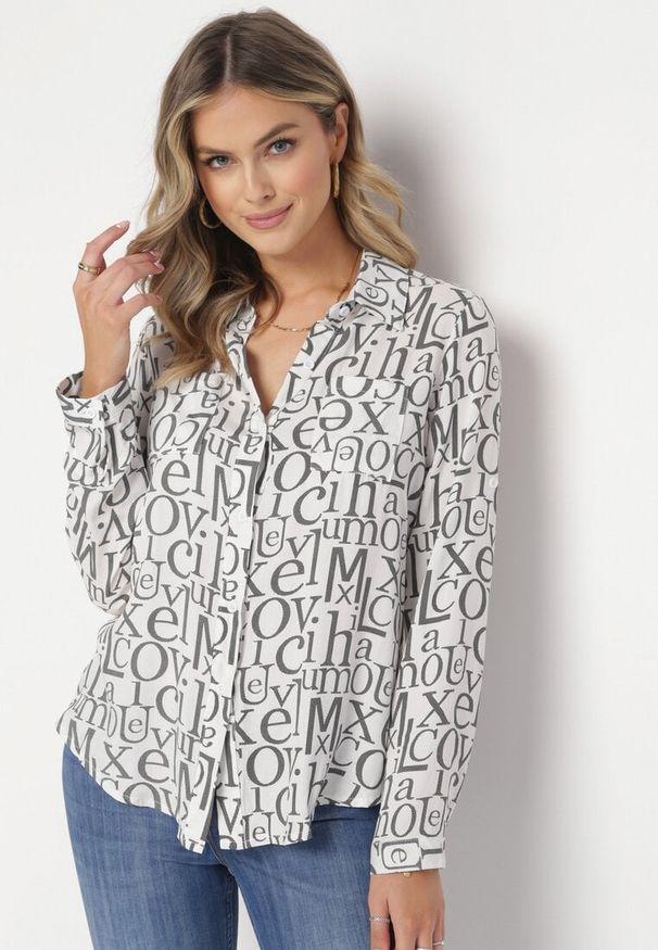 Born2be - Biała Wiskozowa Koszula w Modny Print z Długim Rękawem Mustacie. Typ kołnierza: kołnierzyk klasyczny. Kolor: biały. Materiał: wiskoza. Długość rękawa: długi rękaw. Długość: długie. Wzór: nadruk. Styl: klasyczny