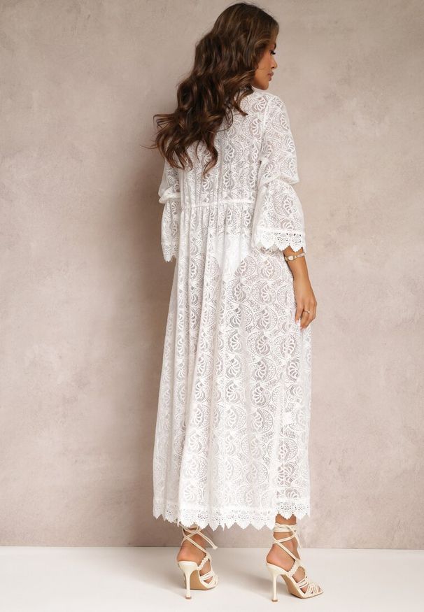 Renee - Biały Kardigan Narzutka z Koronki w Stylu Boho z Wiązaniem Lilja. Okazja: na plażę. Kolor: biały. Materiał: koronka. Wzór: koronka. Styl: boho