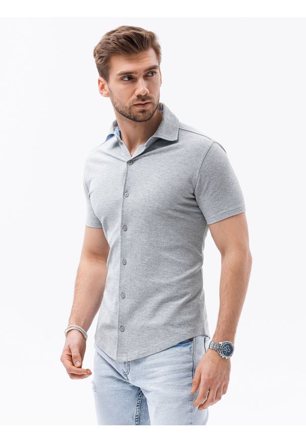 Ombre Clothing - Koszula męska dzianinowa z krótkim rękawem - szara V5. Kolor: szary. Materiał: dzianina. Długość rękawa: krótki rękaw. Długość: krótkie. Styl: klasyczny