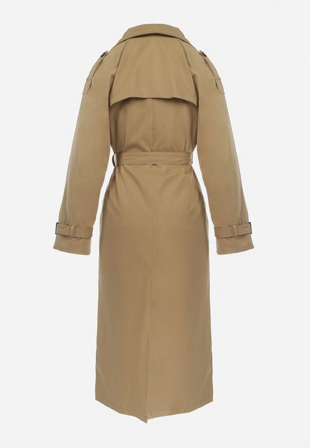 Born2be - Jasnobrązowy Długi Płaszcz Trencz Dwurzędowy z Paskiem w Talii Cadenite. Typ kołnierza: kolnierz wykładany. Kolor: brązowy. Długość: długie