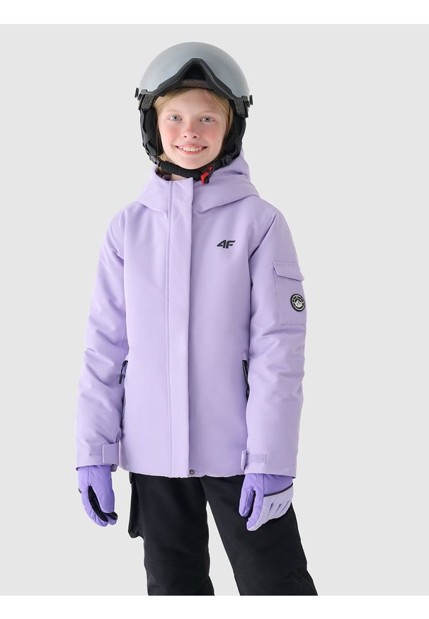 4f - 4F Kurtka snowboardowa membrana 8000 dziewczęca - fioletowa 128 (7-8 lat). Okazja: na co dzień. Typ kołnierza: kaptur. Kolor: fioletowy. Materiał: dzianina, poliester, materiał, tkanina. Sezon: lato, zima. Styl: klasyczny, sportowy, casual