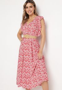 Born2be - Czerwona Sukienka Bawełniana z Gumką w Talii i Mozaikowym Wzorem Indaria. Kolor: czerwony. Materiał: bawełna #5