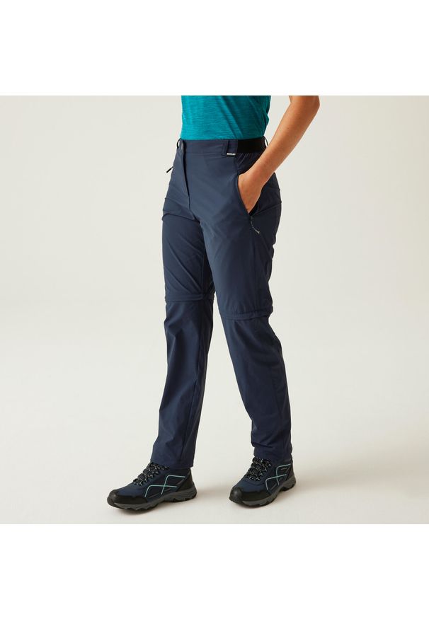 Regatta - Damskie spodnie podróżne lekkie zip off packaway. Kolor: niebieski. Materiał: tkanina. Sezon: lato. Sport: turystyka piesza