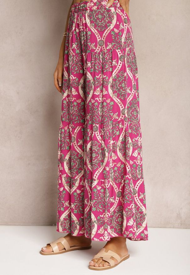 Renee - Fuksjowe Spodnie z Wiskozy z Szerokimi Nogawkami High Waist Wykończone Gumką w Talii Risettasmi. Stan: podwyższony. Kolor: różowy. Materiał: wiskoza. Sezon: lato