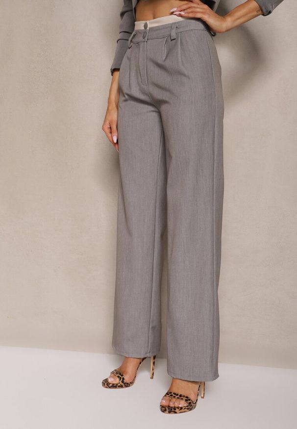 Renee - Jasnoszare Spodnie Garniturowe High Waist z Przeszyciami Variola. Stan: podwyższony. Kolor: szary. Styl: klasyczny