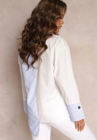 Renee - Niebiesko-Biała Koszula o Asymetrycznym Fasonie z Printem w Paski Lazzia. Kolor: niebieski. Wzór: paski, nadruk. Styl: elegancki