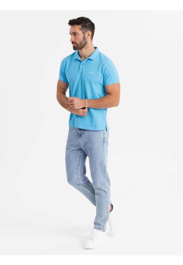 Ombre Clothing - Koszulka polo z bawełnianej dzianiny pique – jasnoniebieska V3 - Rozmiar: XL. Okazja: na co dzień. Typ kołnierza: polo. Kolor: niebieski. Materiał: bawełna, dzianina. Długość rękawa: krótki rękaw. Długość: krótkie. Wzór: haft. Styl: casual, elegancki