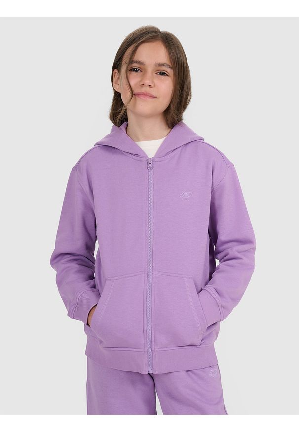 4f - 4F Bluza dresowa rozpinana z kapturem dziewczęca - fioletowa 164 (13-14 lat). Okazja: na co dzień. Typ kołnierza: kaptur. Kolor: fioletowy. Materiał: dresówka. Wzór: gładki, ze splotem. Sezon: lato. Styl: casual, sportowy