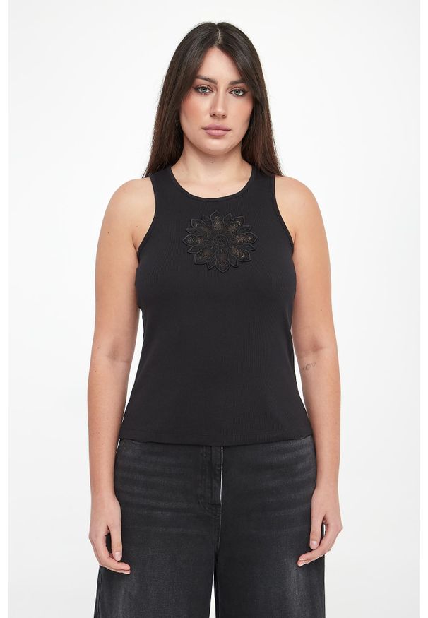 Twinset Milano - Top damski prążkowany z haftem TWINSET. Materiał: prążkowany. Wzór: haft