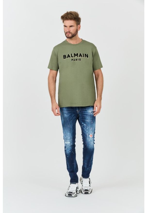Balmain - BALMAIN Zielony męski t-shirt Flock&foil T-shirt Bulky Fit, Rozmiar M. Kolor: zielony