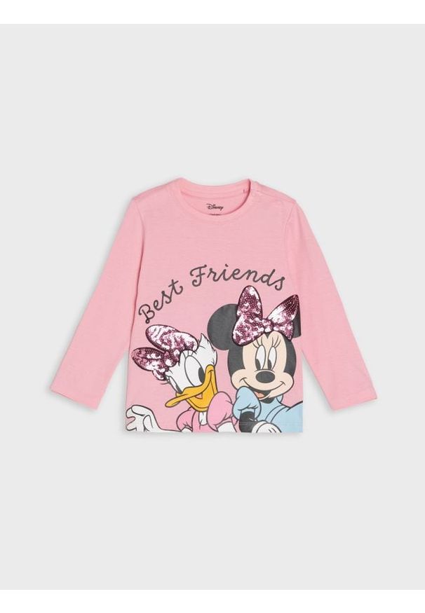 Sinsay - Koszulka z długimi rękawami zdobiona cekinami Minnie Mouse - różowy. Kolor: różowy. Długość rękawa: długi rękaw. Długość: długie. Wzór: motyw z bajki, aplikacja