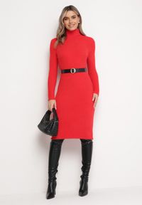 Born2be - Czerwona Sweterkowa Puchata Sukienka Midi z Wełny z Golfem Sebhat. Typ kołnierza: golf. Kolor: czerwony. Materiał: wełna. Długość: midi #5