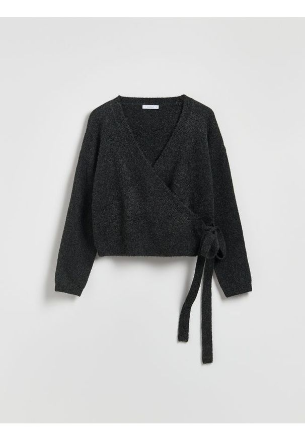 Reserved - Sweter z wiązaniem - ciemnoszary. Kolor: szary. Materiał: wełna, dzianina