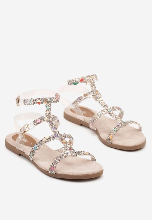 Renee - Beżowe Sandały Rzymianki Ozdobione Cyrkoniami Lovianne. Kolor: beżowy. Materiał: jeans, len. Wzór: aplikacja