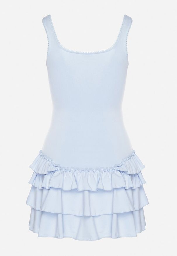 Born2be - Niebieska Sukienka z Wiskozą Ozdobiona Falbankami Ovinia. Okazja: na co dzień. Typ kołnierza: kołnierz z falbankami. Kolor: niebieski. Materiał: wiskoza. Długość rękawa: na ramiączkach. Wzór: aplikacja. Styl: casual